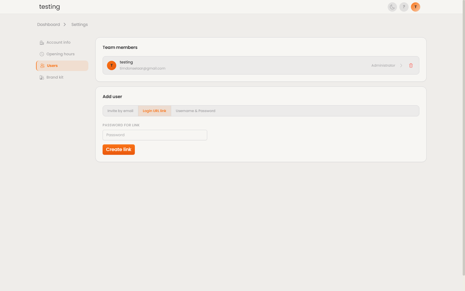 Add user, Login URL link tab