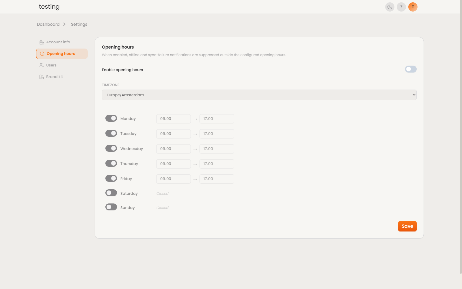 Settings, Working hours