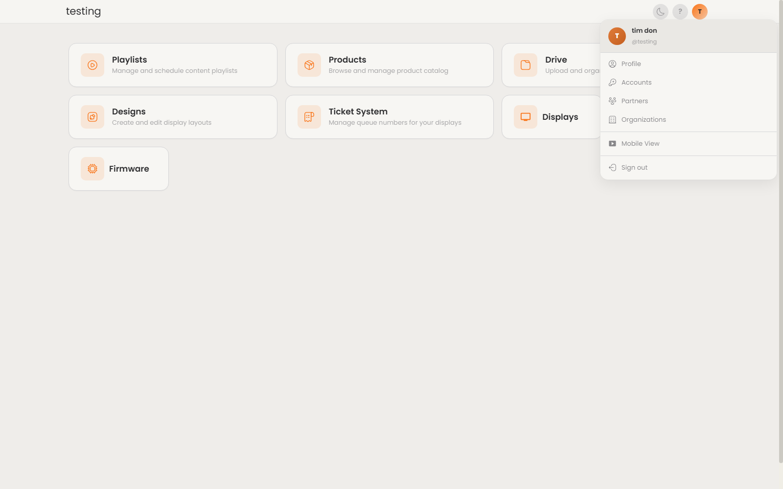 User menu dropdown
