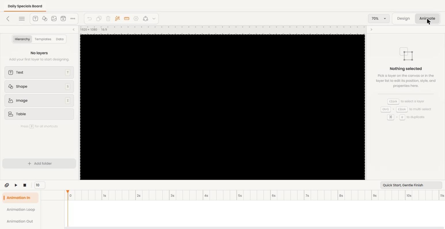 Editor in Animate mode with the timeline